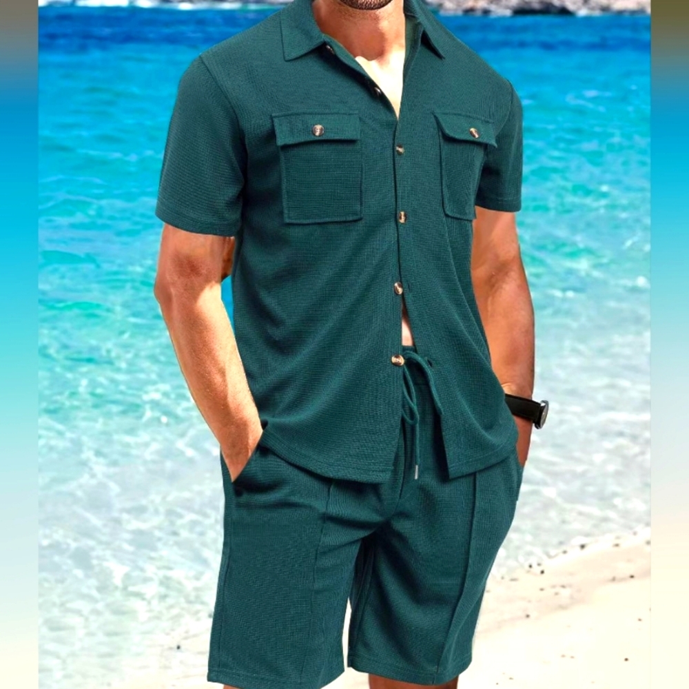 Men's Teal Button Down Shirt and Shorts Set